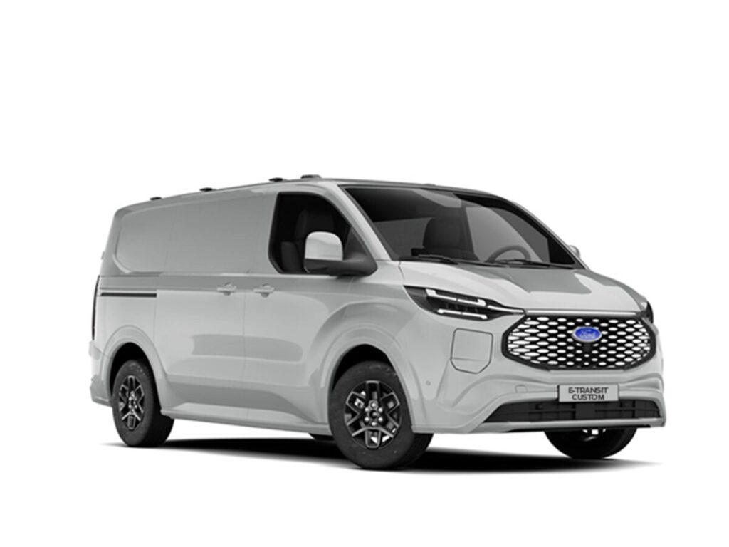 Beli Ford Novi E-Transit Custom prednji pogled pod uglom.