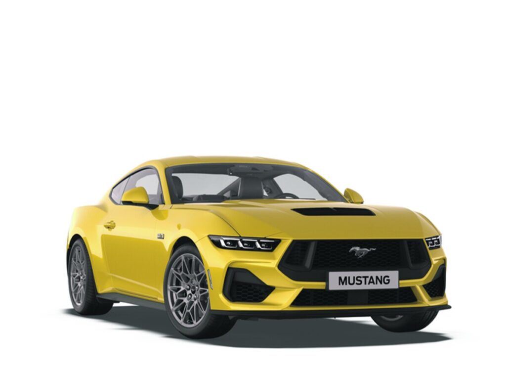Žuti Ford Novi Mustang prednji pogled pod uglom.