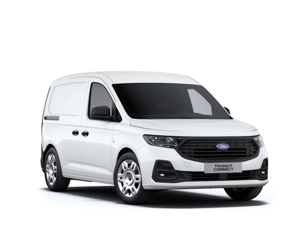 Beli Ford Novi Transit Connect prednji pogled pod uglom.