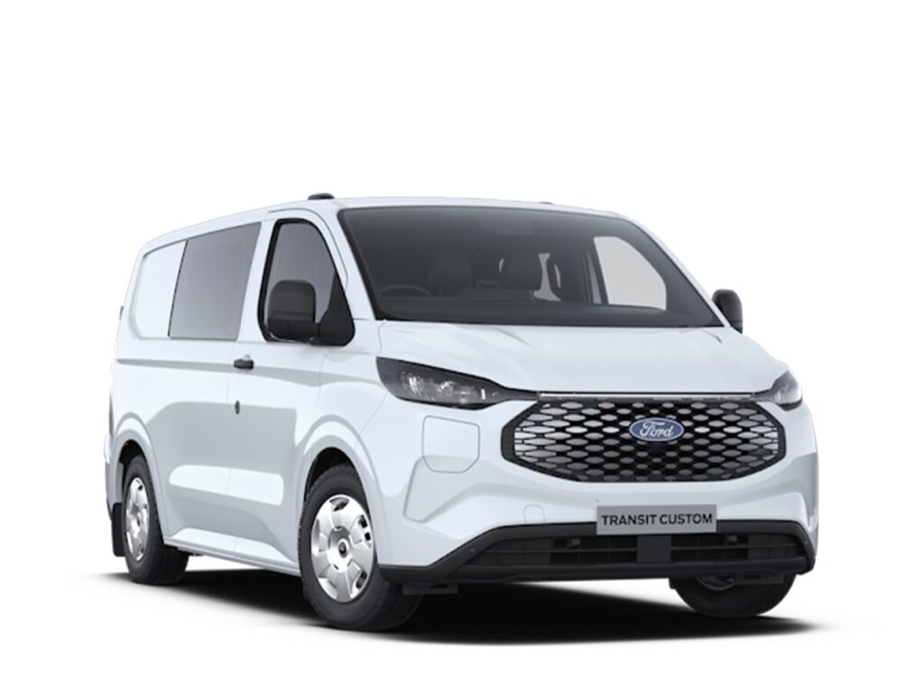 Beli Ford Novi Transit Custom prednji pogled pod uglom.
